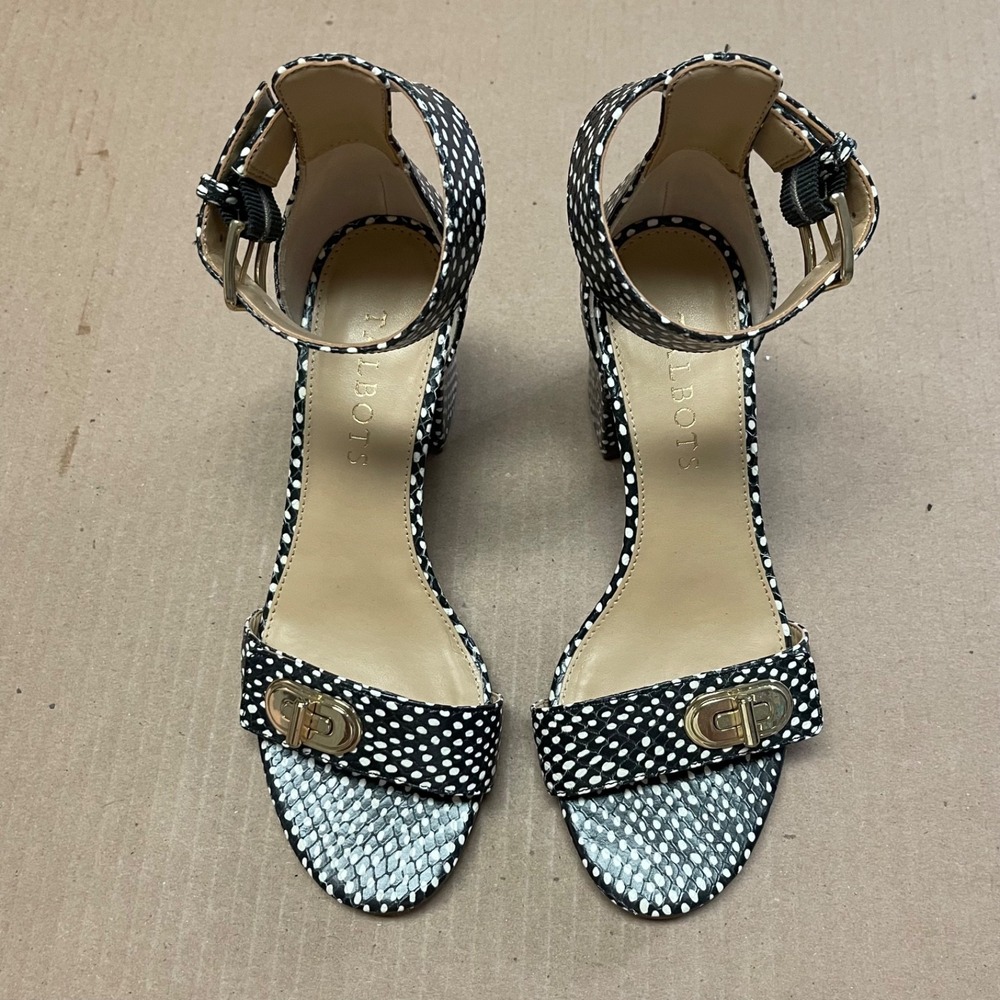 Talbots Sz 5M Beatrice Turnlock Sandals Ocelot Leather Black & White Block Heels